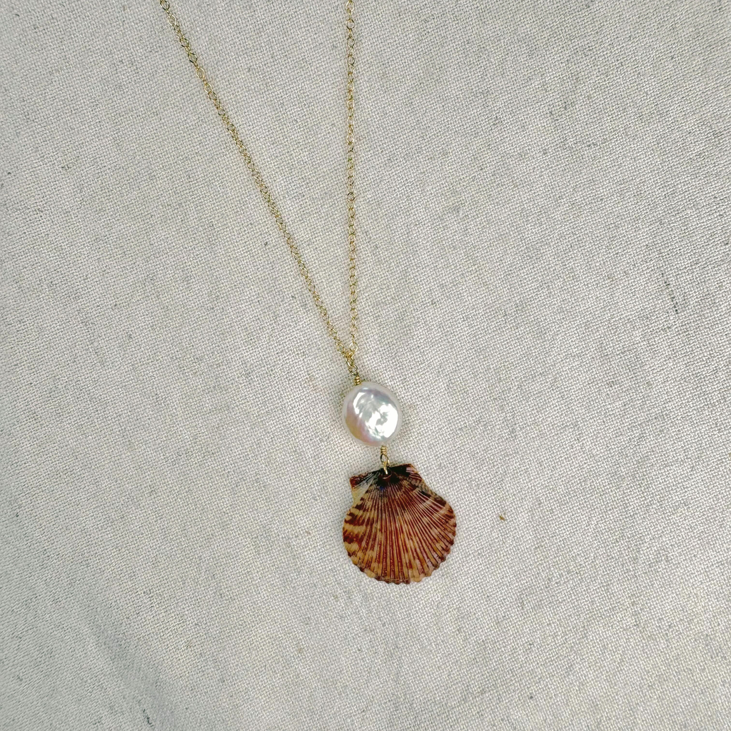 Seashell Pearl Drop Necklace | 14K Gold-filled