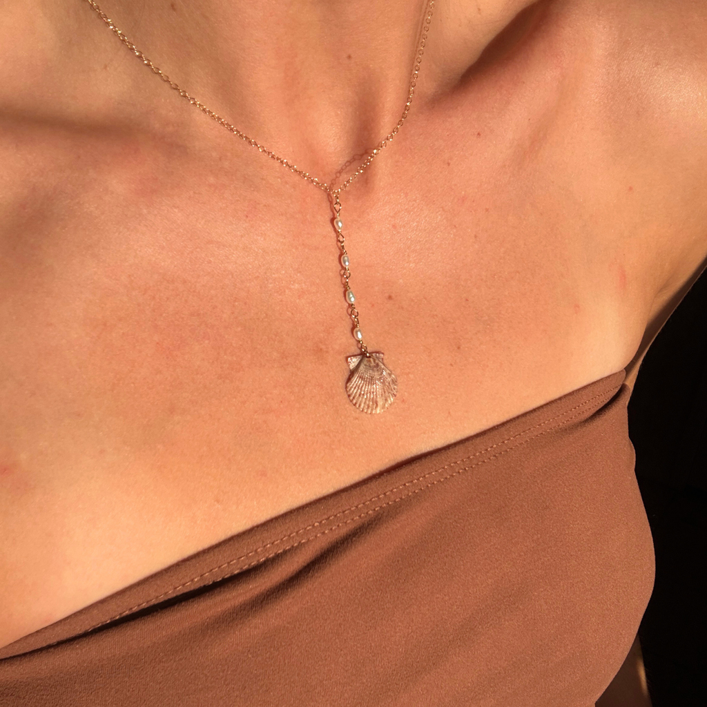 Seashell Pearl Drop Necklace | 14K Gold-filled